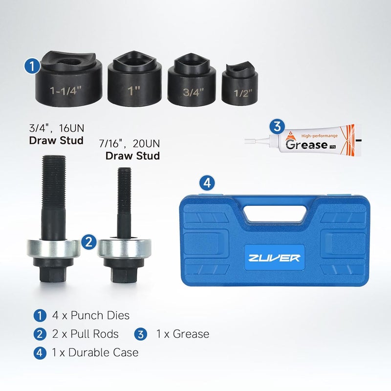 ZUVER Manual Knockout Punch Kit, with 4 Blackened Dies 1/2", 3/4", 1", 1-1/4" Heavy Duty KO Hole Punch Driver and Cutter Set for Electrical Conduit and Metal Sheet - Image 2